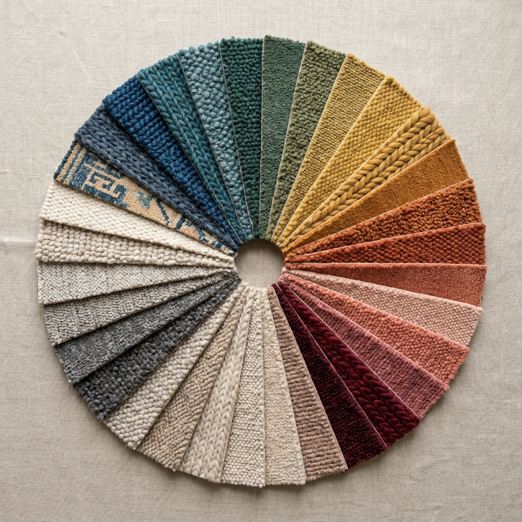 Harmonious circular wheel of handcrafted rug swatches and material samples