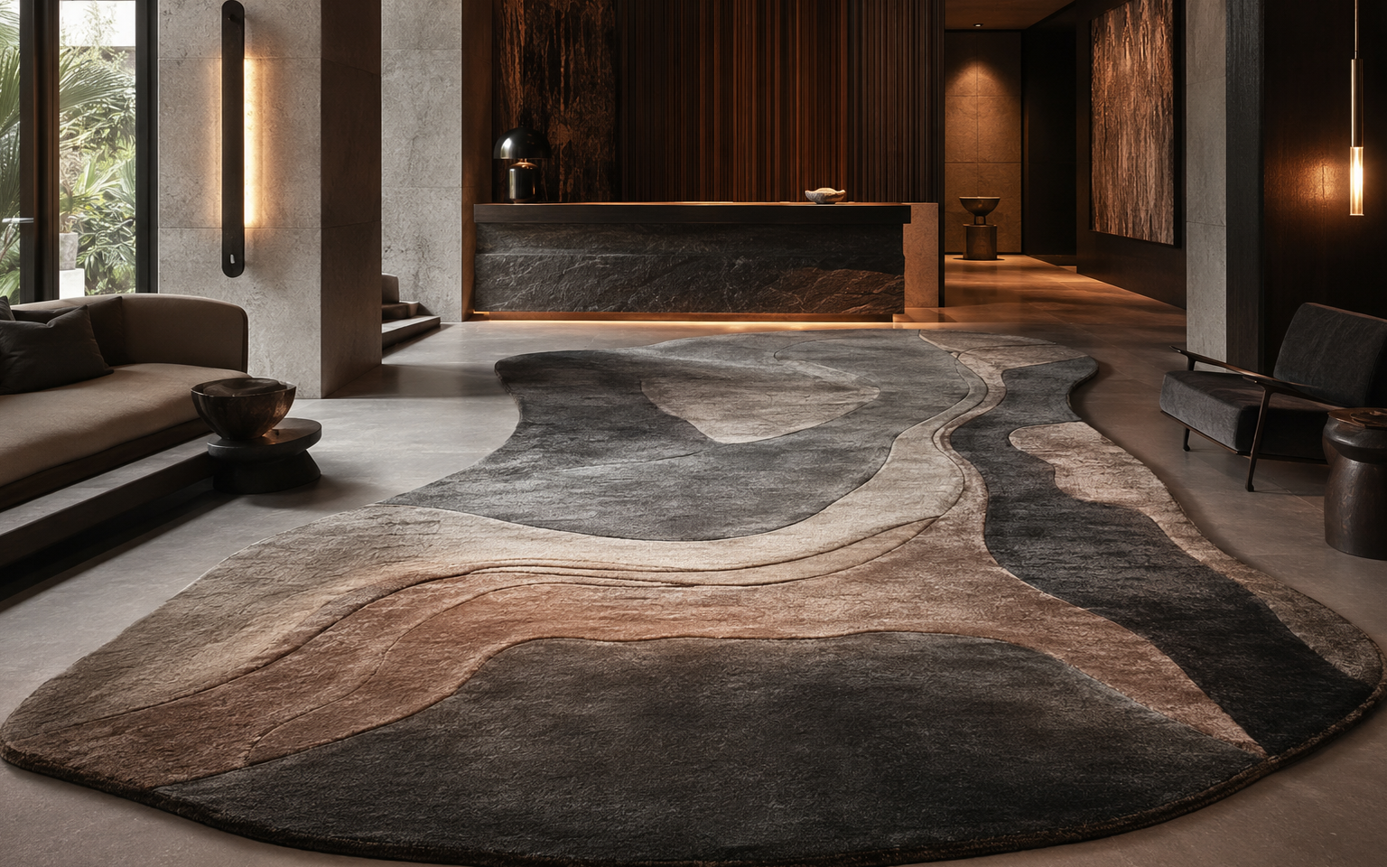 Sculptural bespoke rug in a luxury hospitality interior